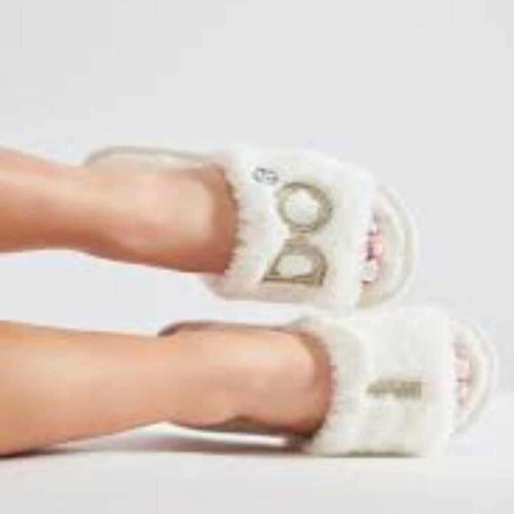 Dearfoams Womens White Plush Bridal Slide Slippers "I Do" Design Large US 9-10 E